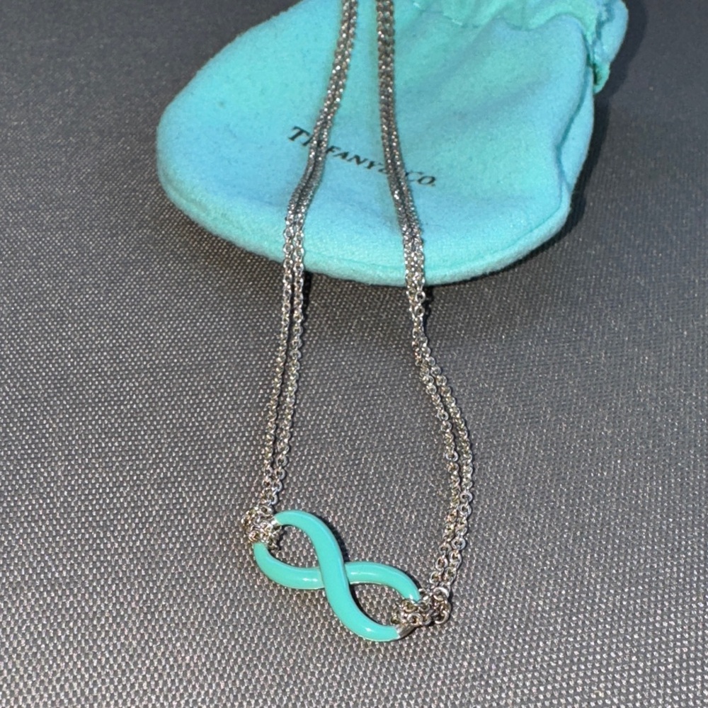 Tiffany & Co. Silver Double Chain Necklace with Turquoise Enamel Infinity